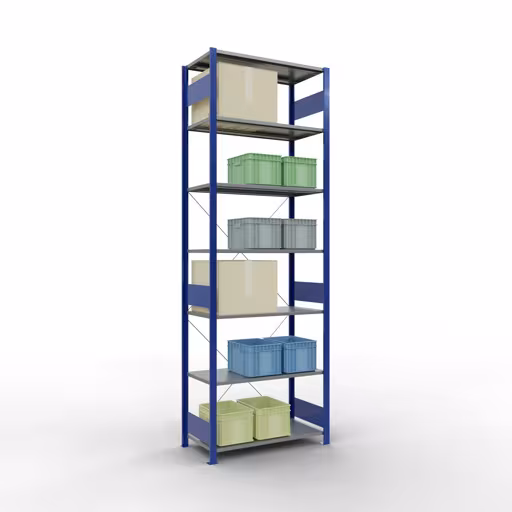 Étagère de base, étagère, système enfichable MULTIplus150, 3000 x 1000 x 500 mm (HxLxP), 7 étagères, traverse, RAL 5010/galvanisé avec le numéro d'article. 12752-B Étagère de base, étagère, système enfichable MULTIplus150, 3000 x 1000 x 500 mm, 7 étagères, RAL 5010/galvanisé de Schulte Lagertechnik de la catégorie système enfichable