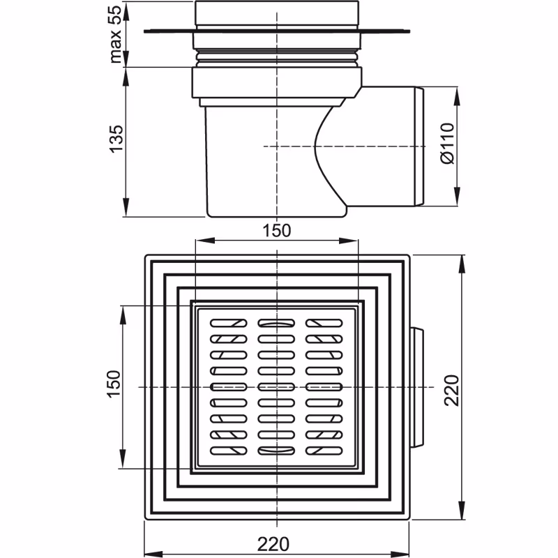 Scarico a pavimento AlcaPlast APV | Scarico doccia con sifone DN100 griglia in acciaio inox 150x150 mm orizzontale di AlcaPlast Scarichi a pavimento 150x150mm, scarichi a pavimento, articolo n. APV12