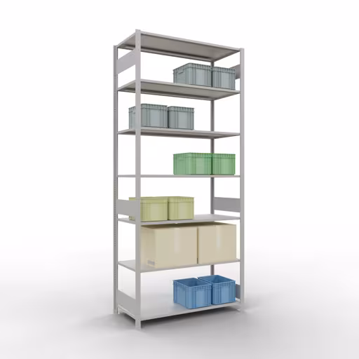 Représentation supplémentaire de l'article étagère de base, étagère à étagères, système enfichable MULTIplus150, 3000 x 1300 x 600 mm, 7 étagères, gris clair RAL 7035 à partir de l'étagère de base