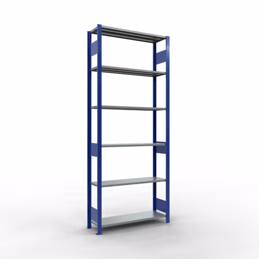 Scaffale base, scaffale, sistema a innesto MULTIplus150, 2500 x 1000 x 300 mm (AxLxP), 6 ripiani, barre longitudinali, RAL 5010 blu genziana/zincato di Schulte Lagertechnik della categoria Sistemi a innesto