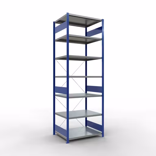 Un'altra vista dell'articolo scaffale base, scaffale, sistema a innesto MULTIplus250, 3000 x 1000 x 800 mm (AxLxP), 7 ripiani, traversa, RAL 5010 blu genziana/zincato dalla categoria Sistema a innesto