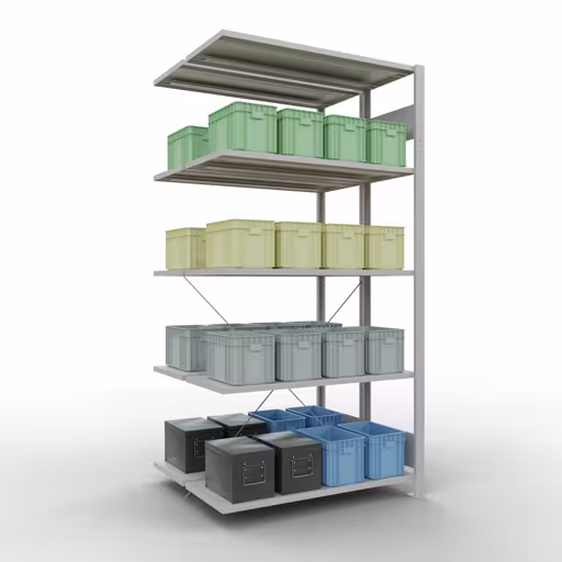 Rayonnage supplémentaire, rayonnage double, système d'étagères MULTIplus150, 2000 x 1000 x (2x400) mm, 2x5 tablettes, traverse, RAL 7035 gris clair de la catégorie rayonnage double avec le GTIN 4004514208231 , étagère double, système d'étagères MULTIplus150, 2000 x 1000 x (2x400) mm, 2x5 étagères, gris clair RAL 7035 de Schulte Lagertechnik de la gamme d'étagères