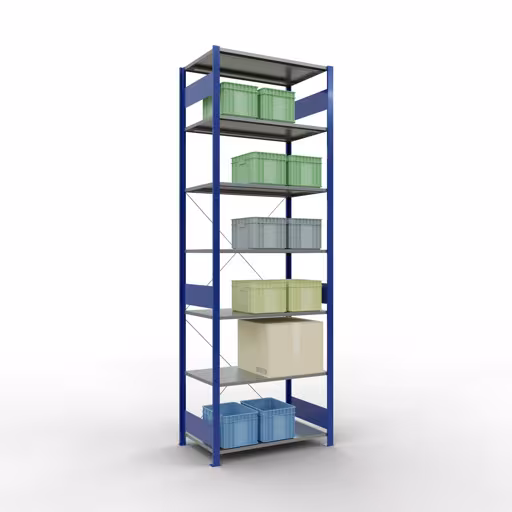 Immagine del prodotto n. 6 dell'articolo scaffale base, scaffale, sistema a innesto MULTIplus150, 3000 x 1000 x 600 mm (AxLxP), 7 ripiani, traversa, RAL 5010/zincato della gamma di prodotti del sistema a innesto della marca Schulte Lagertechnik