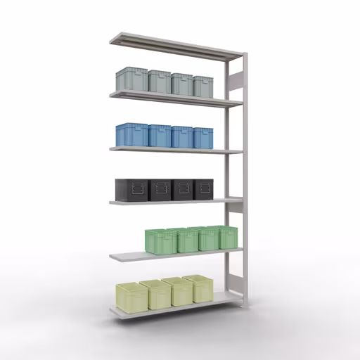 Une autre vue de l'article étagère complémentaire, système enfichable MULTIplus150, 2500 x 1300 x 300 mm, 6 étagères, gris clair RAL 7035 de la catégorie étagère complémentaire
