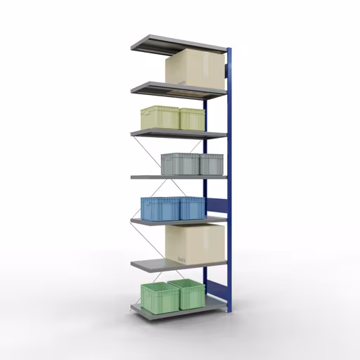 Scaffali aggiuntivi, scaffali, sistema a innesto MULTIplus250, 3000 x 1000 x 500 mm (AxLxP), 7 ripiani, traversa, RAL 5010 blu genziana/zincato di Schulte Lagertechnik con l'articolo n. 12957-B