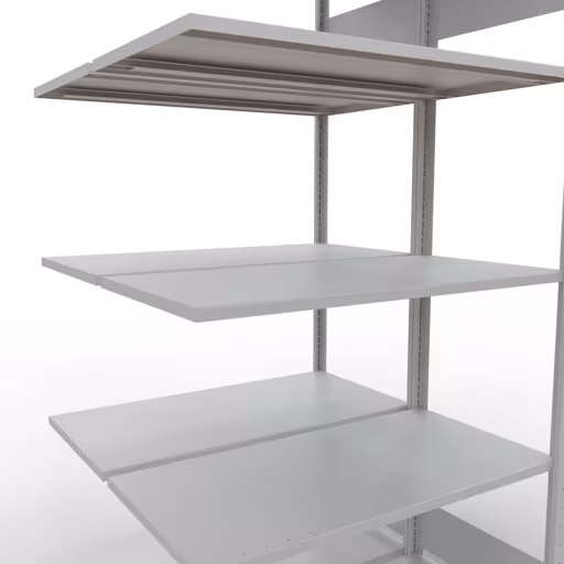 Rayonnage supplémentaire, rayonnage double, système d'étagères MULTIplus150, 2000 x 1000 x (2x500) mm (HxLxP), 2x5 tablettes, barres de longueur, RAL 7035 gris clair avec le GTIN 4004514269973 Étagère supplémentaire, étagère double, étagère à étagères, système enfichable MULTIplus150, 2000 x 1000 x (2x500) mm, 2x5 étagères, gris clair RAL 7035 de Schulte Lagertechnik avec le numéro d'article. 33155