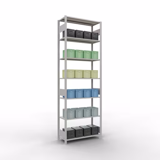 Image supplémentaire de l'article Étagère de base, étagère, système enfichable MULTIplus150, 3000 x 1000 x 400 mm (HxLxP), 7 étagères, barre de longueur, RAL 7035 gris clair Représentation supplémentaire de l'article étagère de base, étagère à étagères, système enfichable MULTIplus150, 3000 x 1000 x 400 mm, 7 étagères, gris clair RAL 7035 à partir de l'étagère de base