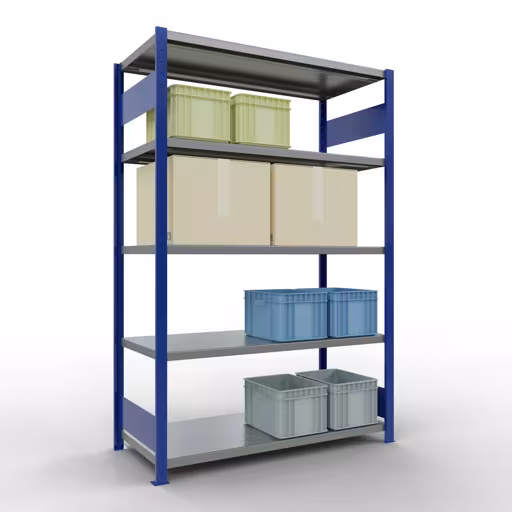 Figura n. 10 dell'articolo scaffale base, scaffale, sistema a innesto MULTIplus250, 2000 x 1300 x 600 mm (AxLxP), 5 ripiani, barre longitudinali, RAL 5010 blu genziana/zincato del gruppo di prodotti sistema a innesto della marca Schulte Lagertechnik