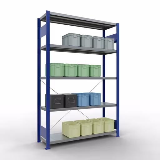 Image du produit n° 13 de l'article étagère de base, étagère, système enfichable MULTIplus250, 2000 x 1300 x 400 mm, 5 étagères, traverse, RAL 5010 bleu gentiane/galvanisé Figure n° 13 de l'article étagère de base, étagère, système enfichable MULTIplus250, 2000 x 1300 x 400 mm, 5 étagères, RAL 5010 bleu gentiane/galvanisé du groupe de produits système enfichable de Schulte Lagertechnik