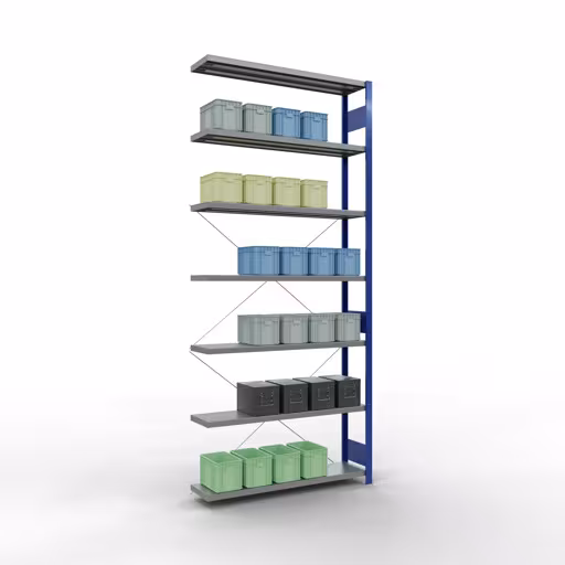Figure n° 14 de l'article, système d'étagères MULTIplus250, système enfichable, 3000 x 1300 x 300 mm, 7 étagères, RAL 5010 bleu gentiane/galvanisé du groupe de produits système enfichable de Schulte Lagertechnik