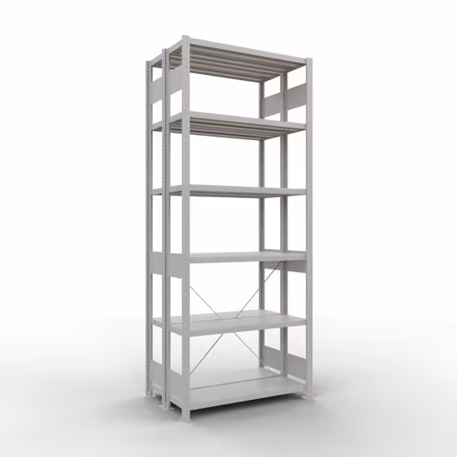 Une autre vue de l'article Etagère de base, étagère double, système d'étagère enfichable MULTIplus250, 2500 x 1000 x (2x300) mm, 2x6 étagères, RAL 7035 gris clair de la catégorie étagères