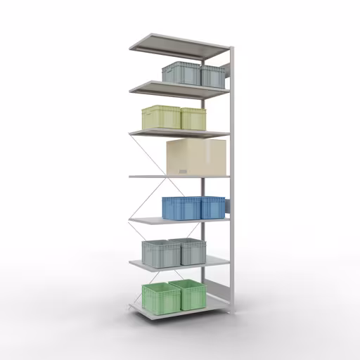 Étagère supplémentaire, étagère d'angle (champ C) 3000 x 1000 x 600, 7 étagères, traverse, gris clair RAL 7035 avec GTIN 4004514241603 , étagère d'angle (champ C) 3000 x 1000 x 600, 7 étagères, gris clair RAL 7035 de Schulte Lagertechnik avec le réf. 32667-ECK