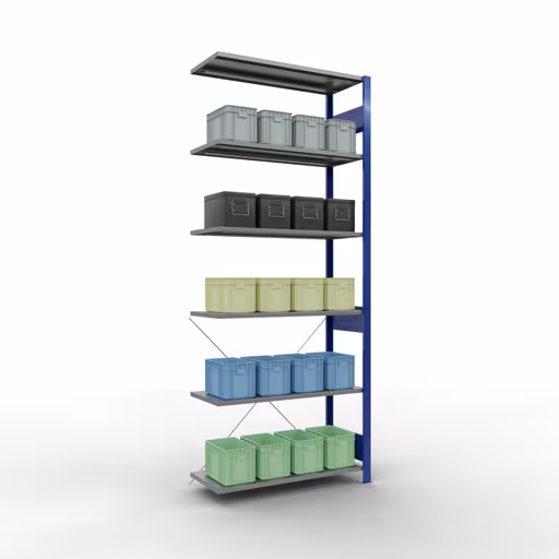 Une autre vue de l'article Rayonnage complémentaire, rayonnage à étagères, système enfichable MULTIplus150, 2500 x 1000 x 400 mm (HxLxP), 6 étagères, traverse, RAL 5010/galvanisé Une autre vue de l'article Étagère rapportée, étagère système enfichable MULTIplus150, 2500 x 1000 x 400 mm, 6 étagères, RAL 5010/galvanisé de la catégorie système enfichable