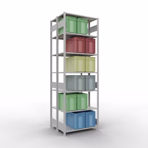 Étagère de base, étagère double, système d'étagères MULTIplus150, 3000 x 1000 x (2x400) mm (HxLxP), 2x7 étagères, barres de longueur, RAL 7035 gris clair de la catégorie étagères doubles avec le GTIN 4058255012558 Étagère de base, étagère double, système d'étagères MULTIplus150, 3000 x 1000 x (2x400) mm, 2x7 étagères, gris clair RAL 7035 de la marque Schulte Lagertechnik de la gamme d'étagères
