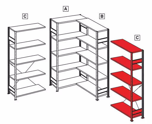 Ripiano aggiuntivo, ripiano angolare (campo C) 2500 x 1000 x 400, 6 ripiani, traversa, RAL 7035 grigio chiaro con GTIN 4004514241474 Ripiano aggiuntivo, ripiano angolare (campo C) 2500 x 1000 x 400, 6 ripiani, traversa, RAL 7035 grigio chiaro di Schulte Lagertechnik con l'articolo n. 32646-ECK