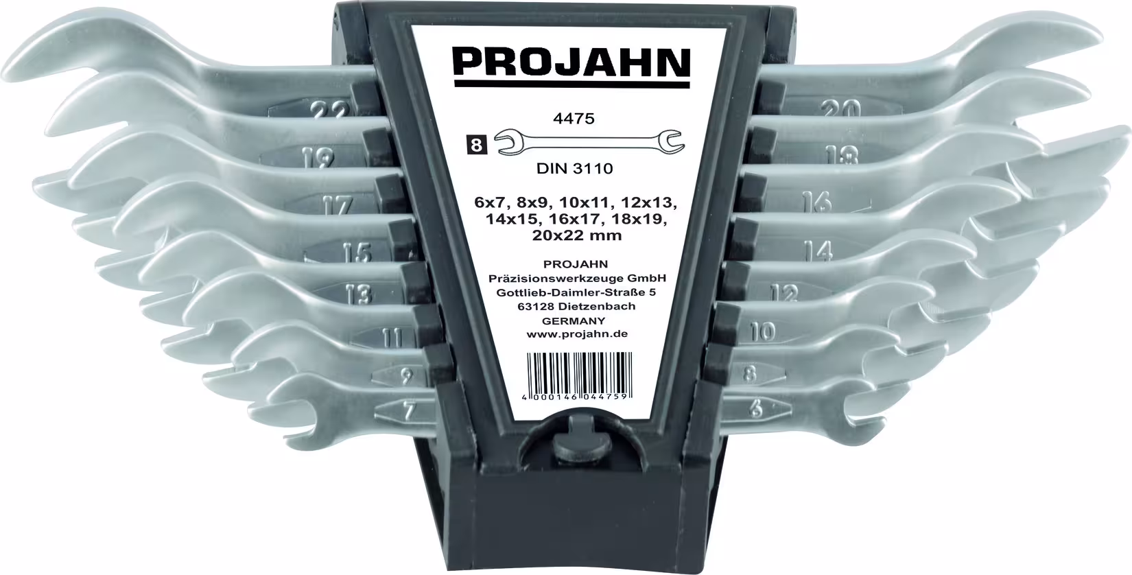 Set chiavi doppia forchetta 8 pezzi 6x7 - 8x9 - 10x11 - 12x13 - 14x15 - 16x17 - 18x19 - 20x22 della PROJAHN Set chiavi a doppia forchetta 8 pezzi 6x7 - 8x9 - 10x11 - 12x13 - 14x15 - 16x17 - 18x19 - 20x22, chiave art. 4475