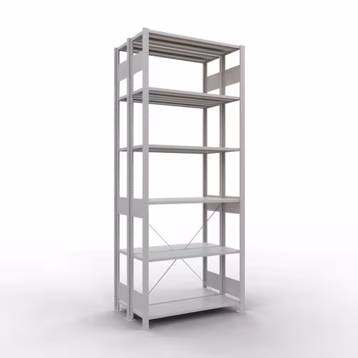 Étagère de base, étagère double, système d'étagères MULTIplus150, 2500 x 1000 x (2x300) mm (HxLxP), 2x6 étagères, traverse, RAL 7035 gris clair de Schulte Lagertechnik Étagère de base, étagère double, système d'étagères MULTIplus150, 2500 x 1000 x (2x300) mm (HxLxP), 2x6 étagères, traverse, RAL 7035 gris clair, étagères doubles, réf. 32731