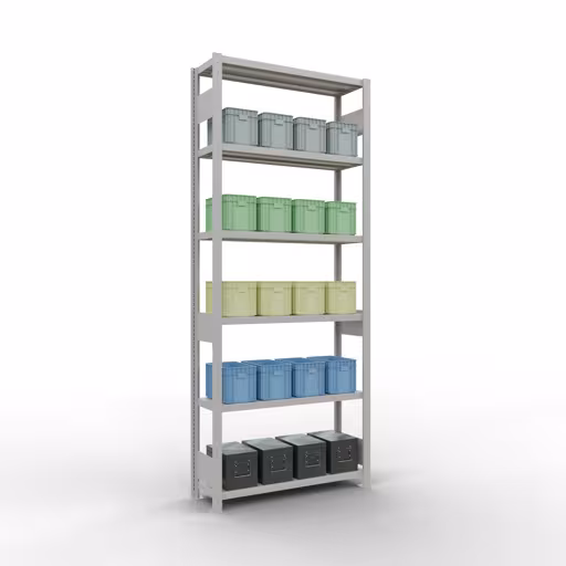 Image du produit n° 13 de l'article étagère de base, étagère, système enfichable MULTIplus250, 2500 x 1000 x 300 mm, 6 étagères, barres de longueur, RAL 7035 gris clair Figure n° 13 de l'article étagère de base, étagère, système enfichable MULTIplus250, 2500 x 1000 x 300 mm, 6 étagères, RAL 7035 gris clair du groupe de produits système enfichable de Schulte Lagertechnik