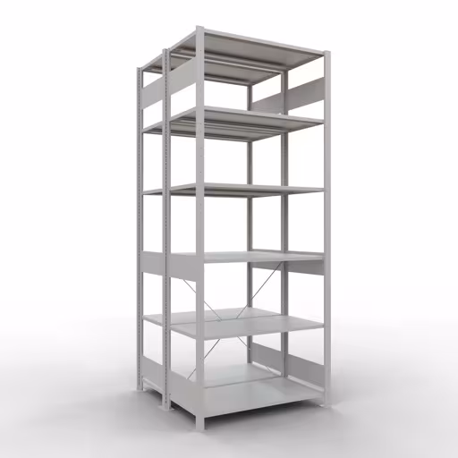 Un'altra vista dell'articolo Scaffale base, scaffale doppio, sistema a innesto per scaffale MULTIplus150, 2500 x 1000 x (2x500) mm (AxLxP), 2x6 ripiani, traversa, RAL 7035 grigio chiaro dalla categoria Scaffali