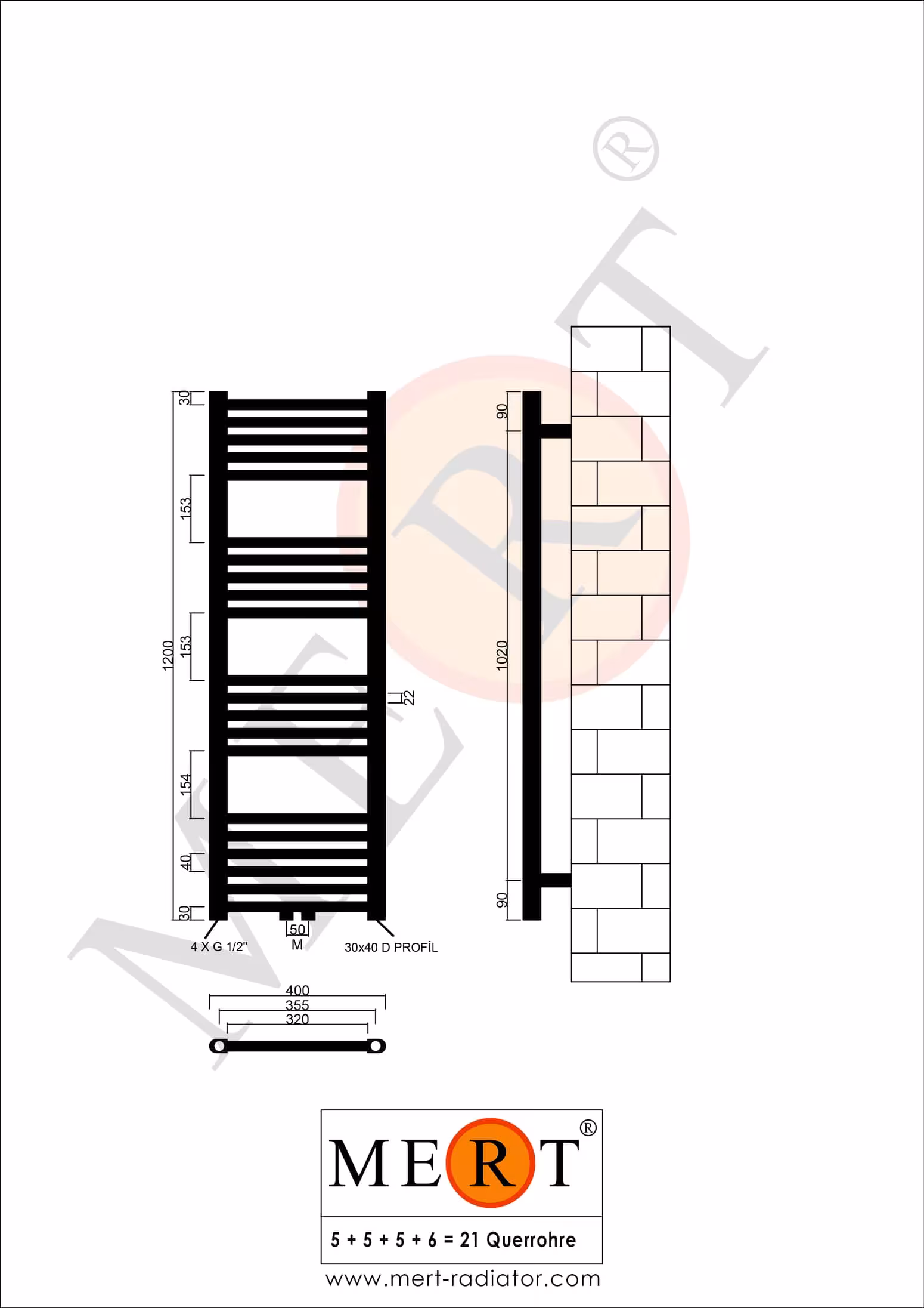 Radiatore da bagno MERT cromato dritto, 400*1200 mm, attacco centrale della marca MERT nella categoria radiatori