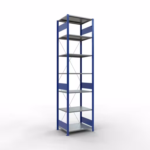 Un'altra vista dell'articolo scaffale base, scaffale, sistema a innesto MULTIplus150, 3000 x 750 x 600 mm (AxLxP), 7 ripiani, traversa, RAL 5010 blu genziana/zincato/zincato dalla categoria Sistema a innesto