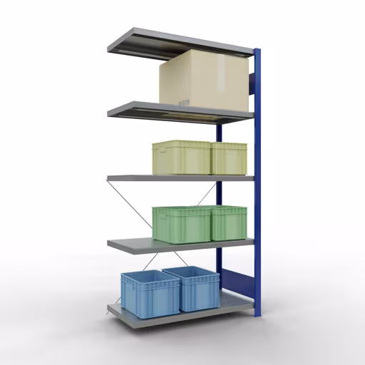 Image du produit n° 12 de l'article Rayonnage complémentaire, rayonnage à étagères, système enfichable MULTIplus330, 2000 x 1000 x 500 mm (HxLxP), 5 étagères, traverse, RAL 5010 bleu gentiane/galvanisé Figure n° 12 de l'article étagère complémentaire, étagère à étagères, système enfichable MULTIplus330, 2000 x 1000 x 500 mm, 5 étagères, RAL 5010 bleu gentiane/galvanisé du groupe de produits système enfichable de la marque Schulte Lagertechnik