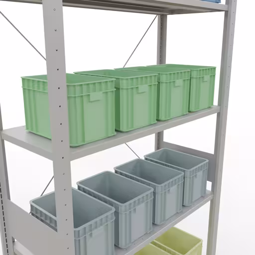 Image du produit n° 14 de l'article étagère de base, étagère, système enfichable MULTIplus150, 3000 x 1000 x 400 mm, 7 étagères, traverse, RAL 7035 gris clair Figure n° 14 de l'article étagère de base, système d'étagères enfichables MULTIplus150, 3000 x 1000 x 400 mm, 7 étagères, gris clair RAL 7035 du groupe de produits système enfichable de Schulte Lagertechnik