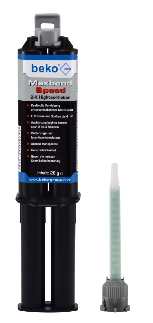 Adhésif Maxbond Speed ​​​​2-K Hightec 28 g, avec 3 mélangeurs obligatoires, dans une boîte blister de la catégorie accessoires mastics avec le numéro d'article. 270 728
