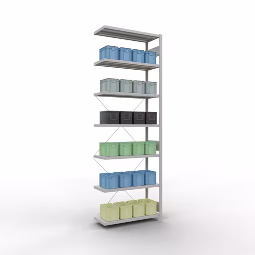 Anbauregal, Fachbodenregal Stecksystem MULTIplus330, 3000 x 1000 x 400 mm (HxBxT), 7 Fachböden, Kreuzstrebe, RAL 7035 lichtgrau aus der Kategorie Anbauregal mit der GTIN 4004514215772 Anbauregal, Fachbodenregal Stecksystem MULTIplus330, 3000 x 1000 x 400 mm (HxBxT), 7 Fachböden, Kreuzstrebe, RAL 7035 lichtgrau von der Marke Schulte Lagertechnik aus der Produktreihe Stecksystem