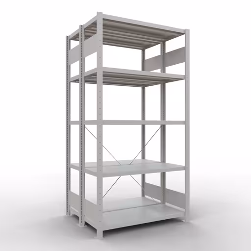 Étagère de base, étagère double, système d'étagères MULTIplus250, 2000 x 1000 x (2x400) mm (HxLxP), 2x5 étagères, traverse, gris clair RAL 7035, étagères doubles, réf. 32140-G