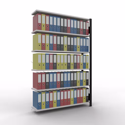 Produktbild Nr 11 des Artikels Anbauregal, Büro-Fachbodenregal Stecksystem MULTIplus85, 2000 x 1300 x 300 mm (HxBxT), 6 Fachböden, Kreuzstrebe, ohne Anschlagleiste, schwarz/lichtgrau Abbildung Nr 11 des Artikels Anbauregal, Büro-Fachbodenregal Stecksystem MULTIplus85, 2000 x 1300 x 300 mm (HxBxT), 6 Fachböden, Kreuzstrebe, ohne Anschlagleiste, schwarz/lichtgrau aus der Produktgruppe Büroregale von der Marke Schulte Lagertechnik