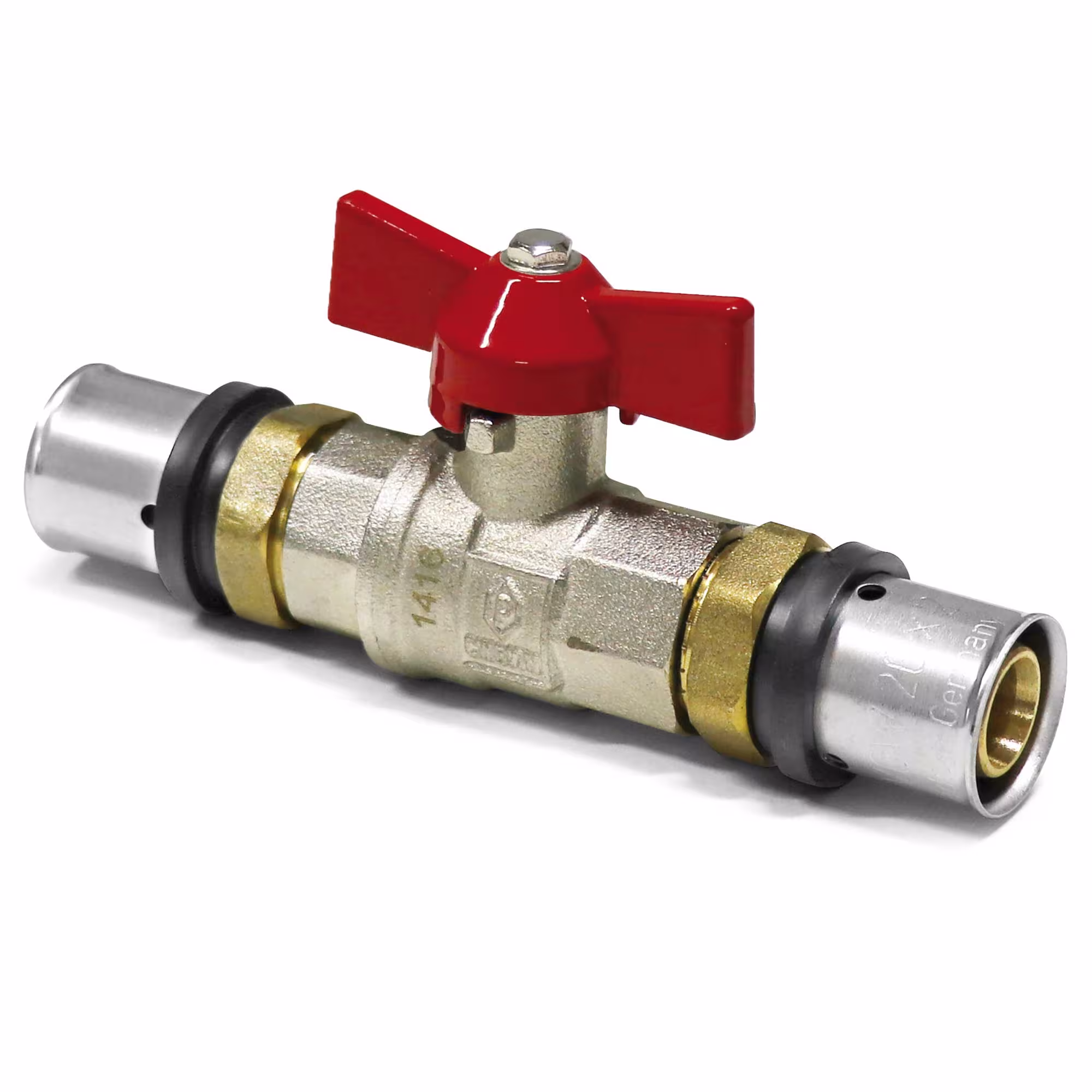 Pipetec pressa riscaldamento valvola a sfera tubo composito in alluminio 32 x 3 mm maniglia ad ala rossa, inclusa maniglia a leva in dotazione di Pipetec Valvola a sfera a pressare rossa, raccordi a pressare, articolo n. PFKU32