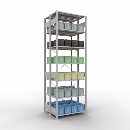 Une autre vue de l'article Etagère de base, étagère double, étagère système enfichable MULTIplus150, 3000 x 1000 x (2x800) mm, 2x7 étagères, traverse, RAL 7035 gris clair Une autre vue de l'article étagère de base, étagère double, système d'étagère enfichable MULTIplus150, 3000 x 1000 x (2x800) mm, 2x7 étagères, RAL 7035 gris clair de la catégorie étagères