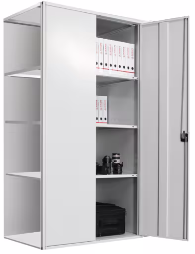 Armadio con ante battenti, ripiano aggiuntivo 2000 x 1000 x 800 mm, RAL 7035 grigio luce/zincato, 5 ripiani MULTIplus150, parete laterale, parete posteriore, 1 anta battente, ripiano aggiuntivo, art. 12585-M6