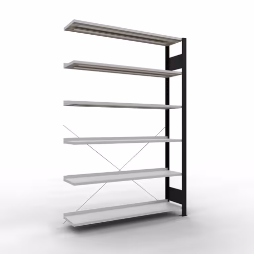 Scaffale aggiuntivo, scaffale per ufficio, sistema a innesto MULTIplus85, 2000 x 1300 x 300 mm (AxLxP), 6 ripiani, traversa, con barra di arresto, nero/grigio chiaro di Schulte Lagertechnik Scaffale aggiuntivo, scaffale per ufficio, sistema a innesto MULTIplus85, 2000 x 1300 x 300 mm (AxLxP), 6 ripiani, traversa, con listello di arresto, nero/grigio chiaro, sistema a innesto, articolo n. 36011-S