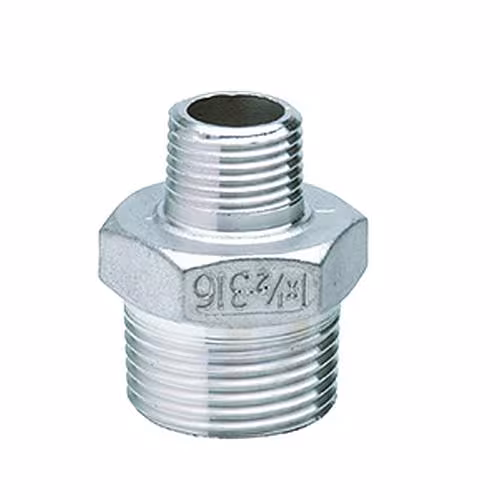Mamelon de réduction en acier inoxydable a/a n° 245 1/2 x 3/8 pouce (AISI 316) / PN16 d'Atusa Mamelon de réduction Atusa en acier inoxydable AG-AG n° 245 (AISI 316) PN16, raccords filetés en acier inoxydable, réf. I245L032