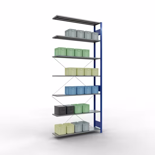 Étagère supplémentaire, étagère, système enfichable MULTIplus150, 3000 x 1300 x 300 mm (HxLxP), 7 étagères, traverse, RAL 5010 bleu gentiane/galvanisé de la catégorie étagère supplémentaire avec le GTIN 4004514279828 Rayonnage supplémentaire, étagère, système enfichable MULTIplus150, 3000 x 1300 x 300 mm, 7 étagères, RAL 5010 bleu gentiane/galvanisé de la marque Schulte Lagertechnik de la gamme de produits du système enfichable