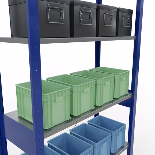 Représentation supplémentaire de l'article étagère de base, étagère à étagères, système enfichable MULTIplus150, 2500 x 1000 x 400 mm, 6 étagères, RAL 5010/galvanisé à partir de l'étagère de base