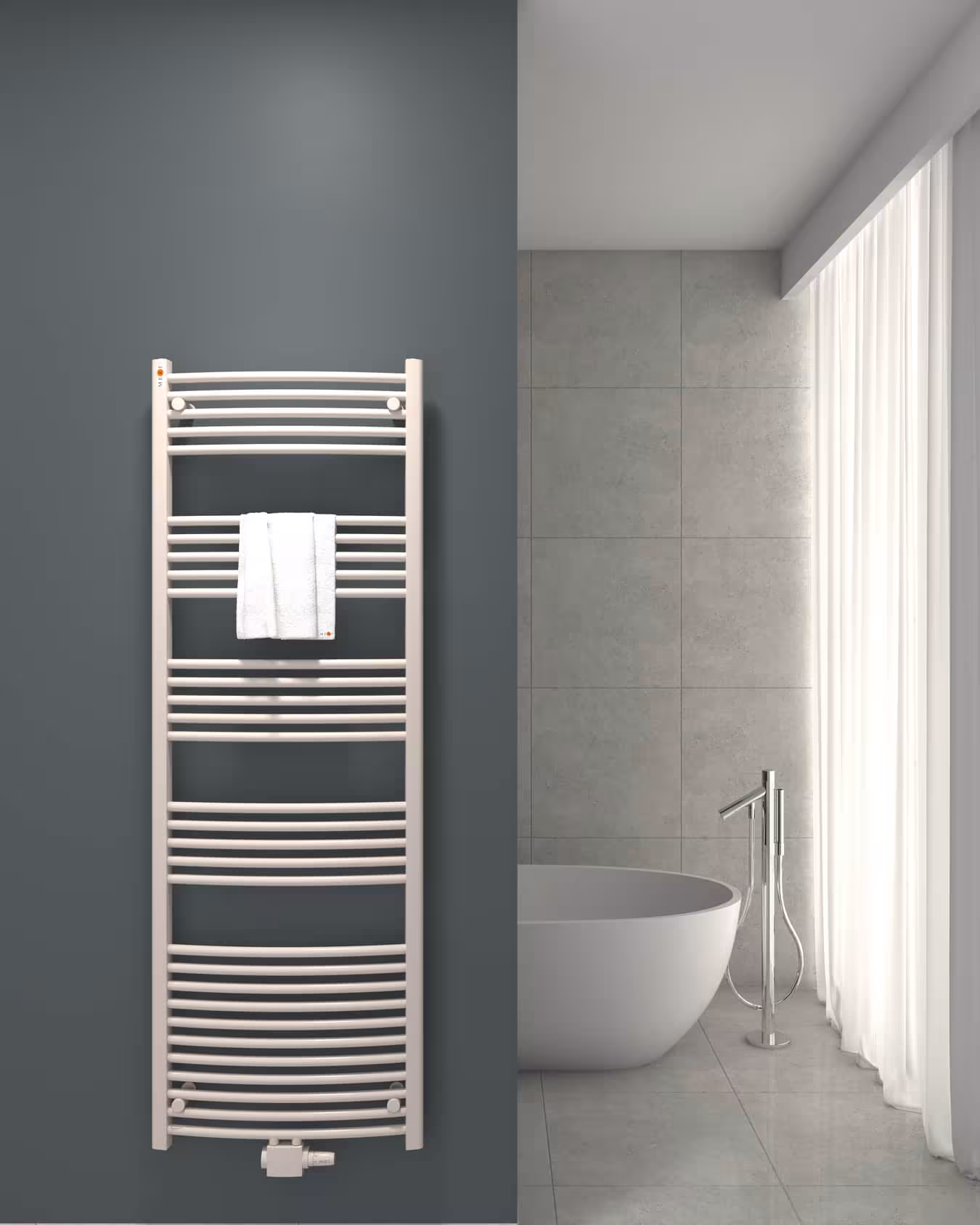Radiatore da bagno MERT curvo bianco, attacco centrale, radiatore da bagno
