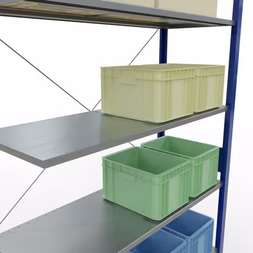 Une autre vue de l'article Étagère rapportée, étagère système enfichable MULTIplus150, 3000 x 1300 x 500 mm, 7 étagères, RAL 5010 bleu gentiane/galvanisé de la catégorie système enfichable