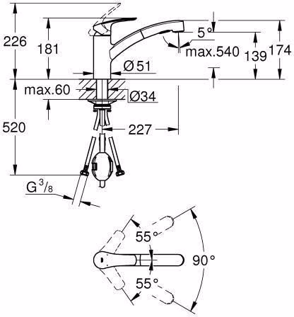 Technische Zeichnung 4002437 GROHE Mitigeur monocommandé pour évier Eurosmart 30305 bec plat avec douchette extractible Dual chrome