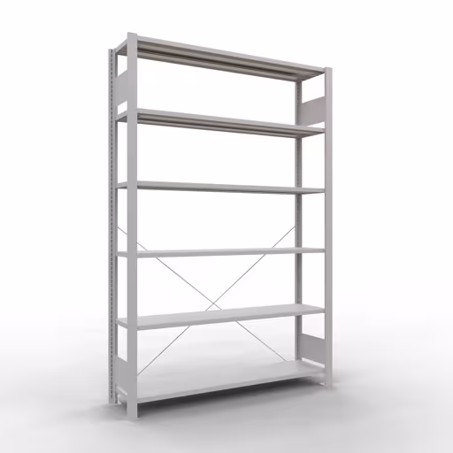 Scaffale Basic, scaffale per ufficio, sistema a innesto MULTIplus85, 2000 x 1300 x 300 mm (AxLxP), 6 ripiani, traversa, senza barra di arresto, grigio chiaro di Schulte Lagertechnik Scaffale Basic, scaffale per ufficio, sistema a innesto MULTIplus85, 2000 x 1300 x 300 mm (AxLxP), 6 ripiani, traversa, senza barra di arresto, grigio chiaro, sistema a innesto, articolo n. 36026