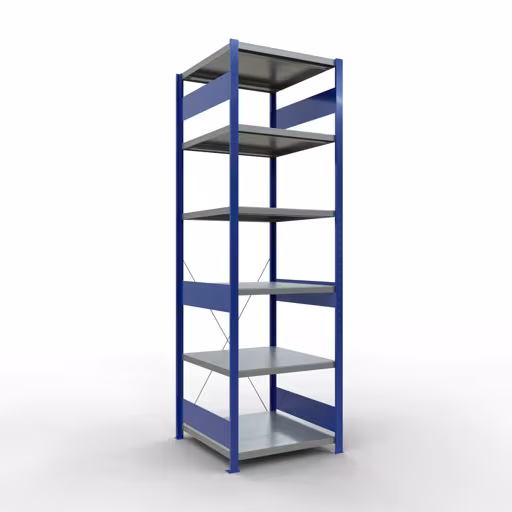 Un'altra vista dell'articolo scaffale base, scaffale, sistema a innesto MULTIplus250, 2500 x 750 x 800 mm (AxLxP), 6 ripiani, traversa, RAL 5010 blu genziana/zincato/zincato dalla categoria Sistema a innesto