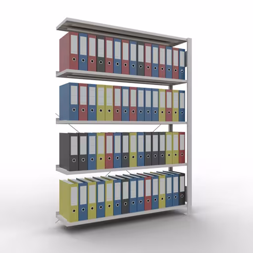 Anbauregal, Büro-Fachbodenregal Stecksystem MULTIplus85, 1800 x 1300 x 300 mm (HxBxT), 5 Fachböden, Kreuzstrebe, mit Anschlagleiste, lichtgrau aus der Kategorie Stecksystem mit der GTIN 4004514219435 Anbauregal, Büro-Fachbodenregal Stecksystem MULTIplus85, 1800 x 1300 x 300 mm (HxBxT), 5 Fachböden, Kreuzstrebe, mit Anschlagleiste, lichtgrau von der Marke Schulte Lagertechnik aus der Produktreihe Büroregale