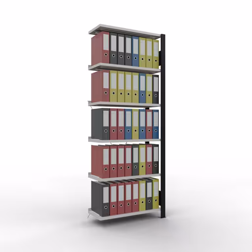 Scaffale aggiuntivo, scaffale per ufficio, sistema a innesto MULTIplus85, 2000 x 750 x 300 mm (AxLxP), 6 ripiani, traversa, con listello di arresto, nero/grigio chiaro di Schulte Lagertechnik con l'articolo n. 36009-S