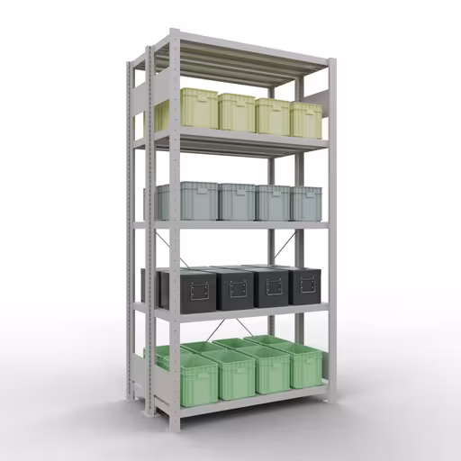 Étagère de base, étagère double, système d'étagères MULTIplus250, 2000 x 1000 x (2x300) mm, 2x5 étagères, gris clair RAL 7035 de Schulte Lagertechnik de la gamme d'étagères