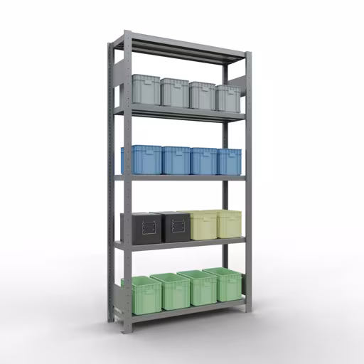 Scaffale base, scaffale, sistema a innesto MULTIplus250, 2000 x 1000 x 300 mm (AxLxP), 5 ripiani, barre longitudinali, zincato di Schulte Lagertechnik della categoria Sistema a innesto