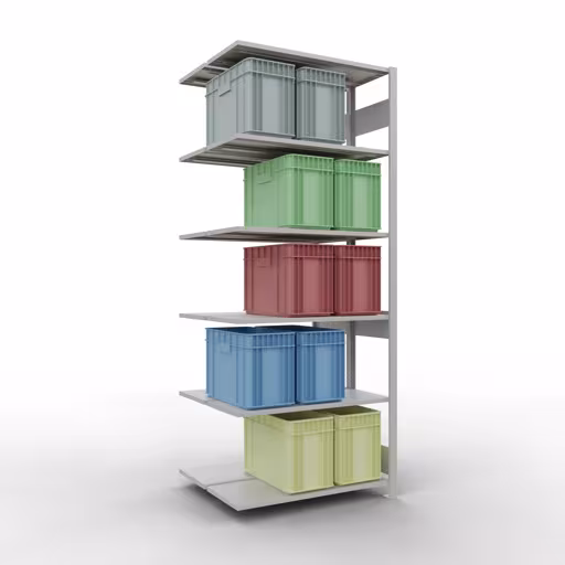 Rayonnage supplémentaire, rayonnage double, système d'étagères MULTIplus150, 2500 x 1000 x (2x400) mm (HxLxP), 2x6 tablettes, barres de longueur, RAL 7035 gris clair avec le GTIN 4004514269942 Rayonnage supplémentaire, rayonnage double, système d'étagères MULTIplus150, 2500 x 1000 x (2x400) mm, 2x6 étagères, gris clair RAL 7035 de Schulte Lagertechnik avec le numéro d'article. 33146