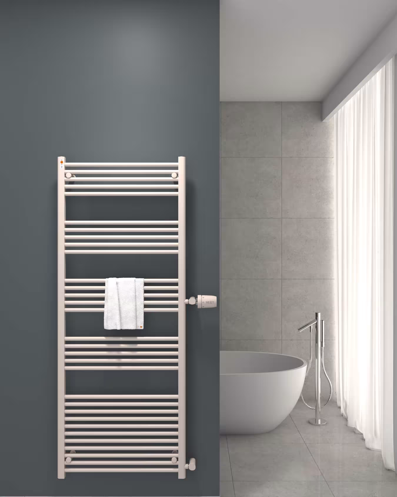 Radiatore da bagno di ricambio MERT bianco dritto, attacco laterale, radiatore di ricambio, articolo n. 1-75x175-ASR-90