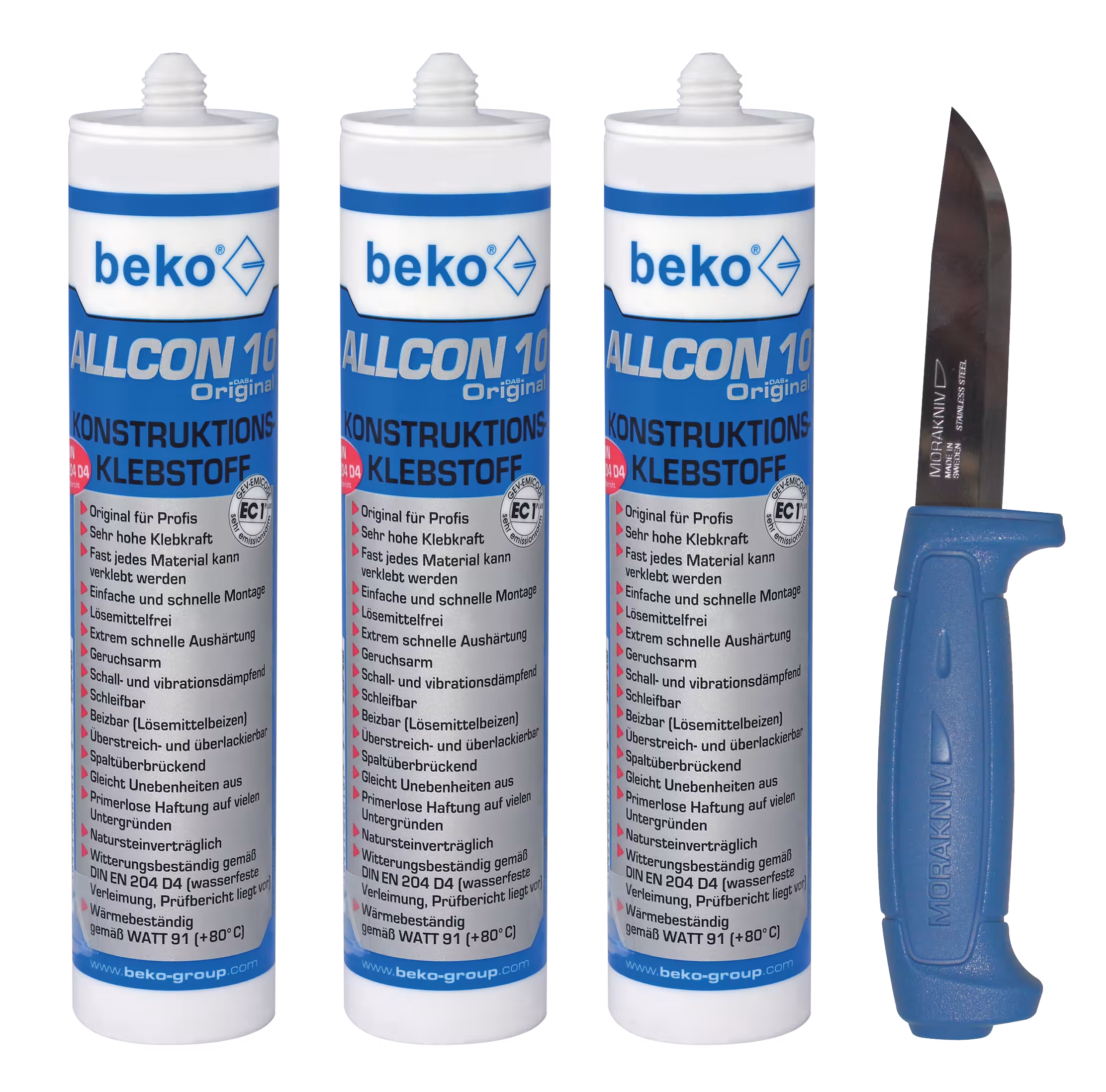 3 adesivi da costruzione Allcon 10® da 310 ml, 1 coltello svedese di Beko 3 adesivi da costruzione Allcon 10® da 310 ml, 1 coltello svedese della categoria adesivi di montaggio con articolo n. 260 100 310 01